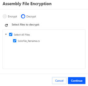 In the Assenbly File Encryption dialog box, all files are selected for decryption